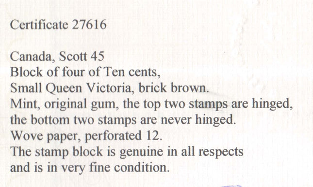 Canada #45 XF Mint Block **With Certificate**
