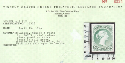 Canada #26TC XF Trial Color Plate Proof In Deep Green **With Cert.**