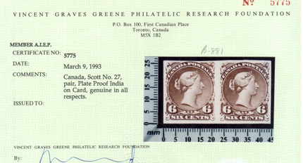 Canada #27P VF Plate Proof Pair On Card As Issued **With Cert.**