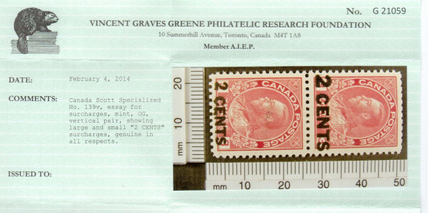Canada #139v XF/NH Essay Surcharge Pair **With Certificate**