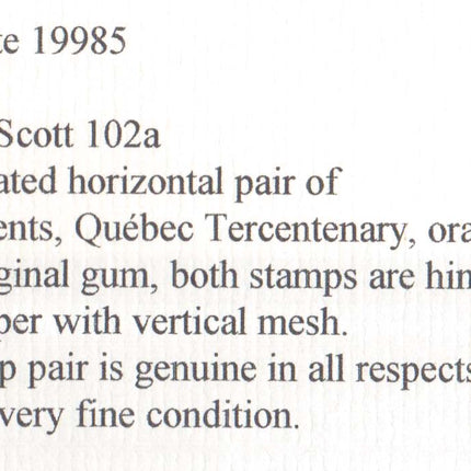 Canada #102a XF Mint Imperforate Pair **With Certificate**