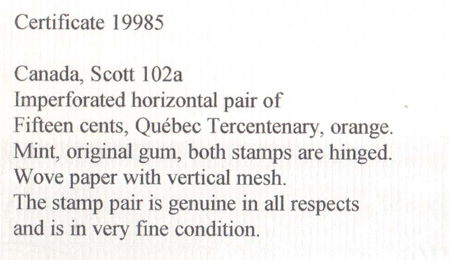 Canada #102a XF Mint Imperforate Pair **With Certificate**