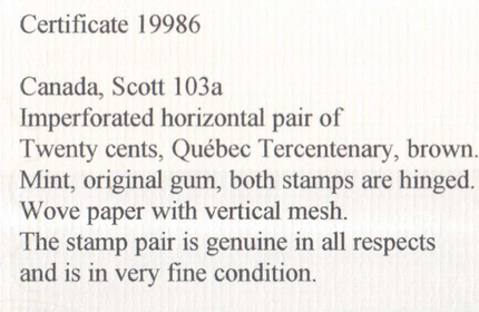 Canada #103a XF Mint Imperforate Pair **With Certificate**