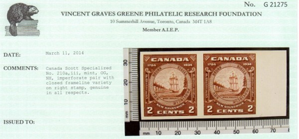 Canada #210a,iii XF/NH Imperf Pair With Closed Frame Var **With Certificate**