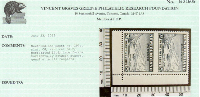 Newfoundland #197c XF Mint Imperf Pair **With Certificate**