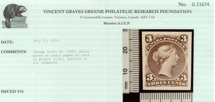 Canada #25TC XF Plate Proof In Purple Lilac India Paper On Card **With Cert.**