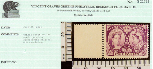Canada #64 VF Used Sheet Margin Copy With Purple Magenta Cancel *Cert.*