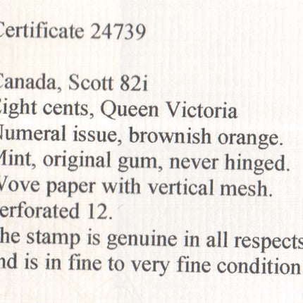 Canada #82i NH Mint **With Certificate**