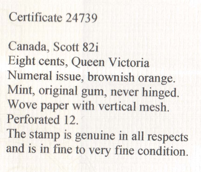 Canada #82i NH Mint **With Certificate**