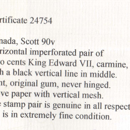 Canada #90v XF/NH Imperf Plate 32 Pair **With Certificate**