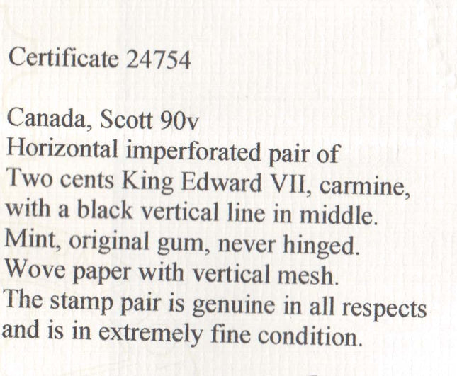 Canada #90v XF/NH Imperf Plate 32 Pair **With Certificate**