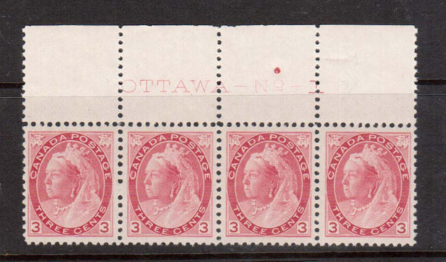 Canada #78 XF/NH Plate #1 Strip Of Four