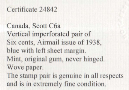 Canada #C6a XF/NH Imperf Pair **With Certificate**