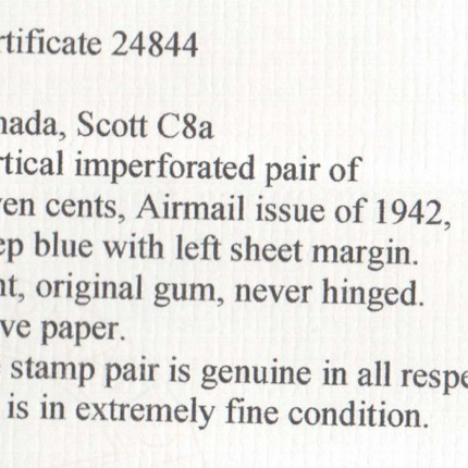 Canada #C8a XF/NH Imperf Pair **With Certificate**
