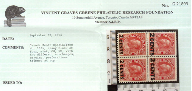 Canada #139v VF/NH Essay Overprint Block **With Certificate**