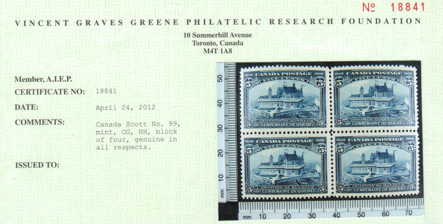 Canada #99 VF/NH Block **With Certificate**
