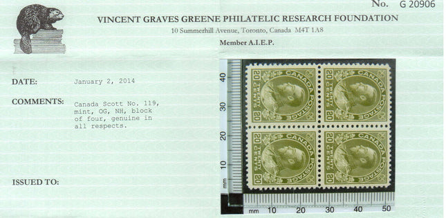Canada #119 XF/NH Block **With Certificate**
