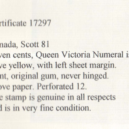 Canada #81 VF+/NH Margin Copy **With Certificate**