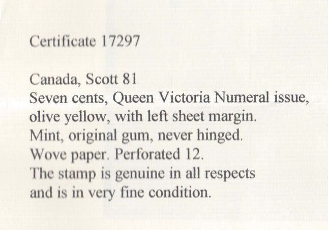 Canada #81 VF+/NH Margin Copy **With Certificate**