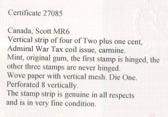 Canada #MR6 VF Mint Coil Strip **With Certificate**