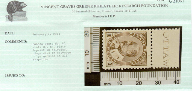 Canada #93 NH Mint Showing Imprint **With Certificate**