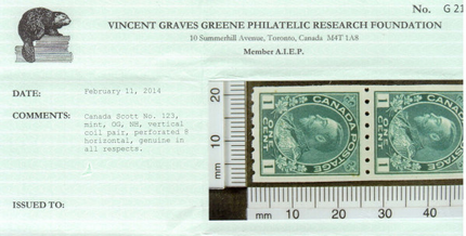 Canada #123 XF/NH Gem Coil Pair **With Certificate**