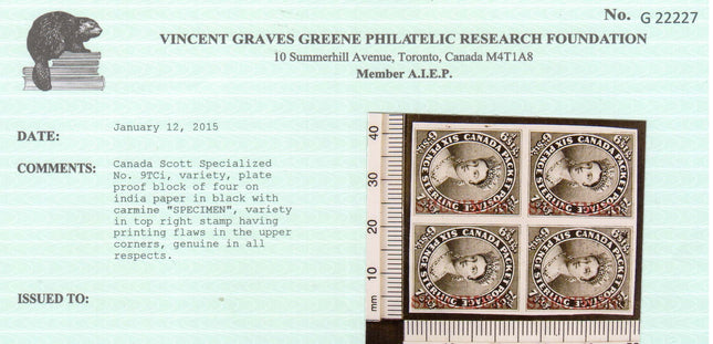 Canada #9TCi XF Proof Block On India Paper **With Certificate**