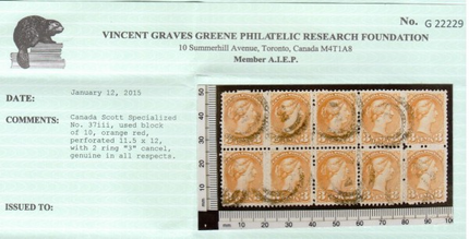 Canada #37iii VF Used Block Of Ten With 2 Ring 3 Cancels **With Cert.**