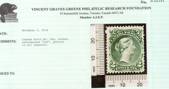 Canada #24a Mint Watermarked Showing "LLS" **With Certificate**