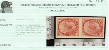 Canada #77iv XF Mint Imperf Pair **With Certificate**
