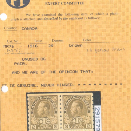 Canada #MR7iii VF/NH Coil Pair **With Certificate**