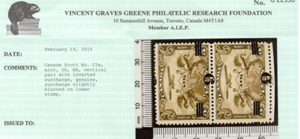 Canada #C3a VF Mint Inverted Surcharge In Pair **With Cert.**