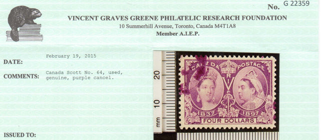 Canada #64 VF Used With Magenta Cancel **With Certificate**