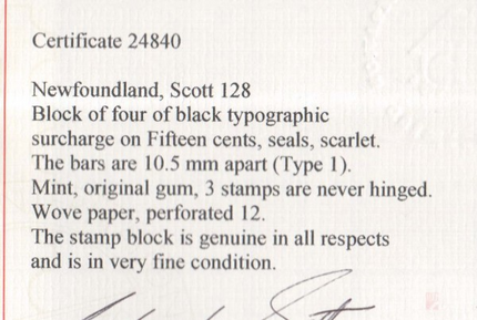 Newfoundland #128 VF Mint Block **With Certificate**