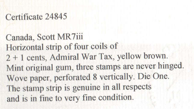 Canada #MR7iii Mint Coil Strip **With Certificate**