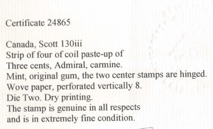 Canada #130iii XF Mint Paste Up Strip Of Four **With Cert.**