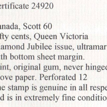 Canada #60 XF/NH Gem With Bottom Margin **With Certificate**