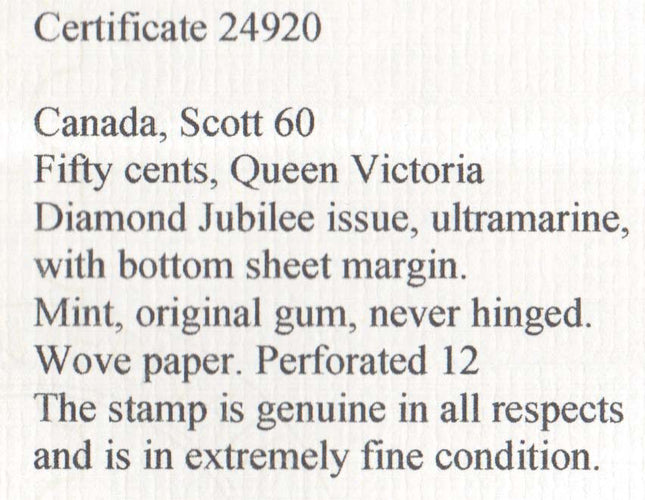 Canada #60 XF/NH Gem With Bottom Margin **With Certificate**