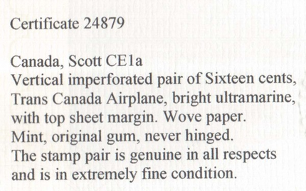 Canada #CE1a XF/NH Imperf Pair **With Certificate**