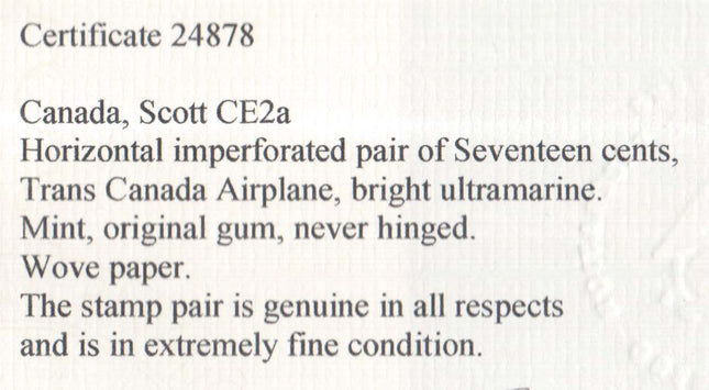 Canada #CE2a XF/NH Imperf Pair **With Certificate**
