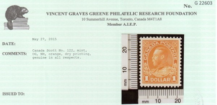 Canada #122iv XF/NH **With Certificate**