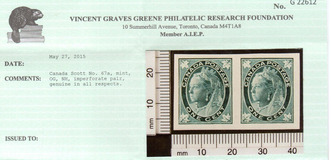 Canada #67a XF/NH Imperf Pair **With Certificate**
