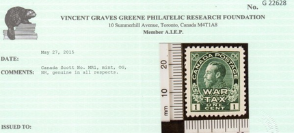 Canada #MR1 XF/NH Gem **With Certificate**