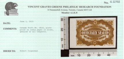 Canada #OX1P XF Gem Plate Proof On India Paper **With Certificate**