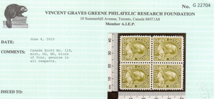Canada #119 XF/NH Block Gem **With Certificate**