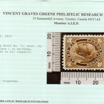 Canada #71 VF+/NH With Plate # In Margin **With Cert.**