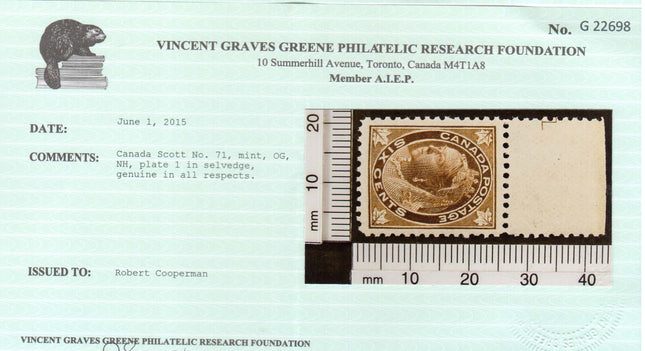 Canada #71 VF+/NH With Plate # In Margin **With Cert.**