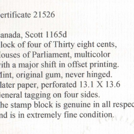 Canada #1165d XF/NH Double Impression Block **With Cert.**