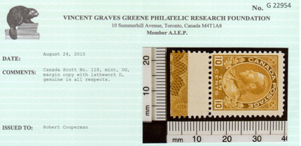 Canada #118 Mint Lathework D **With Certificate**