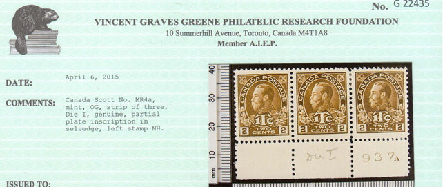 Canada #MR4a Mint Plate Strip Of Three **With Cert.**